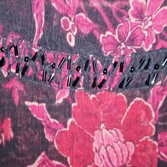 Express Women's Black Burgundy Floral Sheer Beaded Long Bell Sleeve Sz LargeTop - Picture 10 of 16